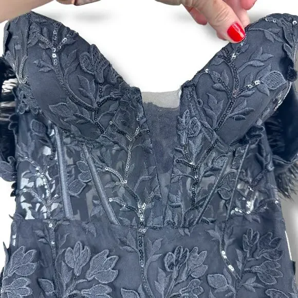 NEW Lulus Midnight Sparkle Black Embroidered Feather Bustier Maxi Dress XS - Picture 7 of 13